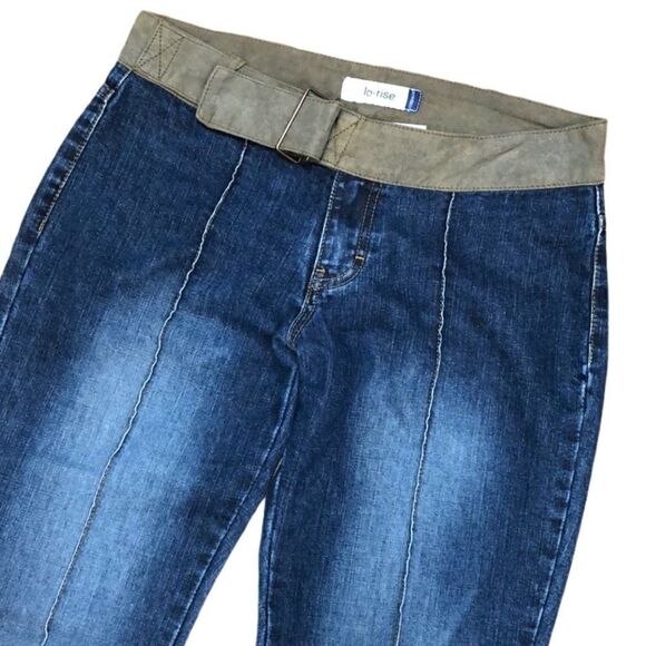 Vintage Jordache Tan Suede Waist Flare Jeans Pleated Front Belted Y2K Size 9/10 - Picture 2 of 11